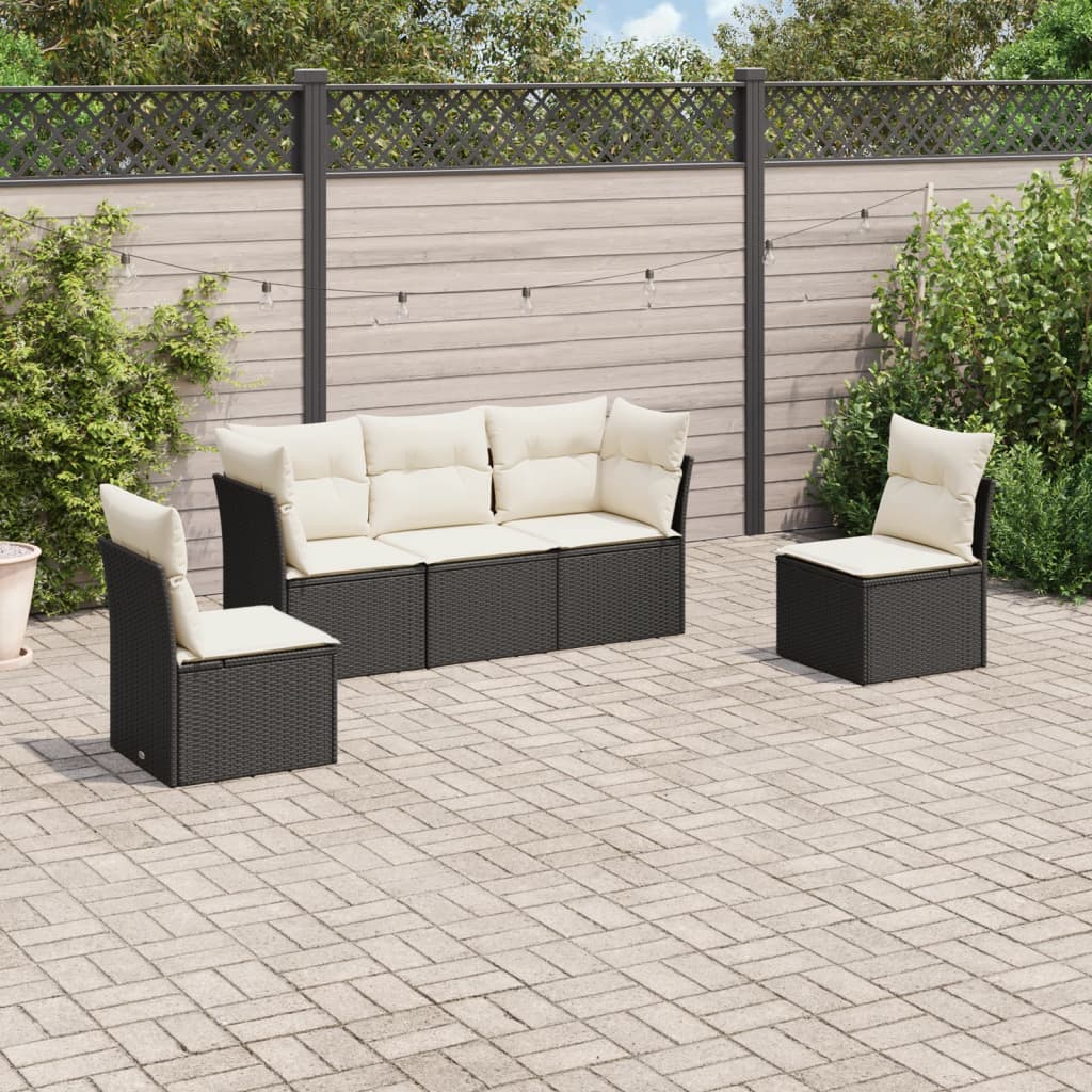 foto del prodotto set divani da giardino 5 pz con cuscini in polyrattan nero