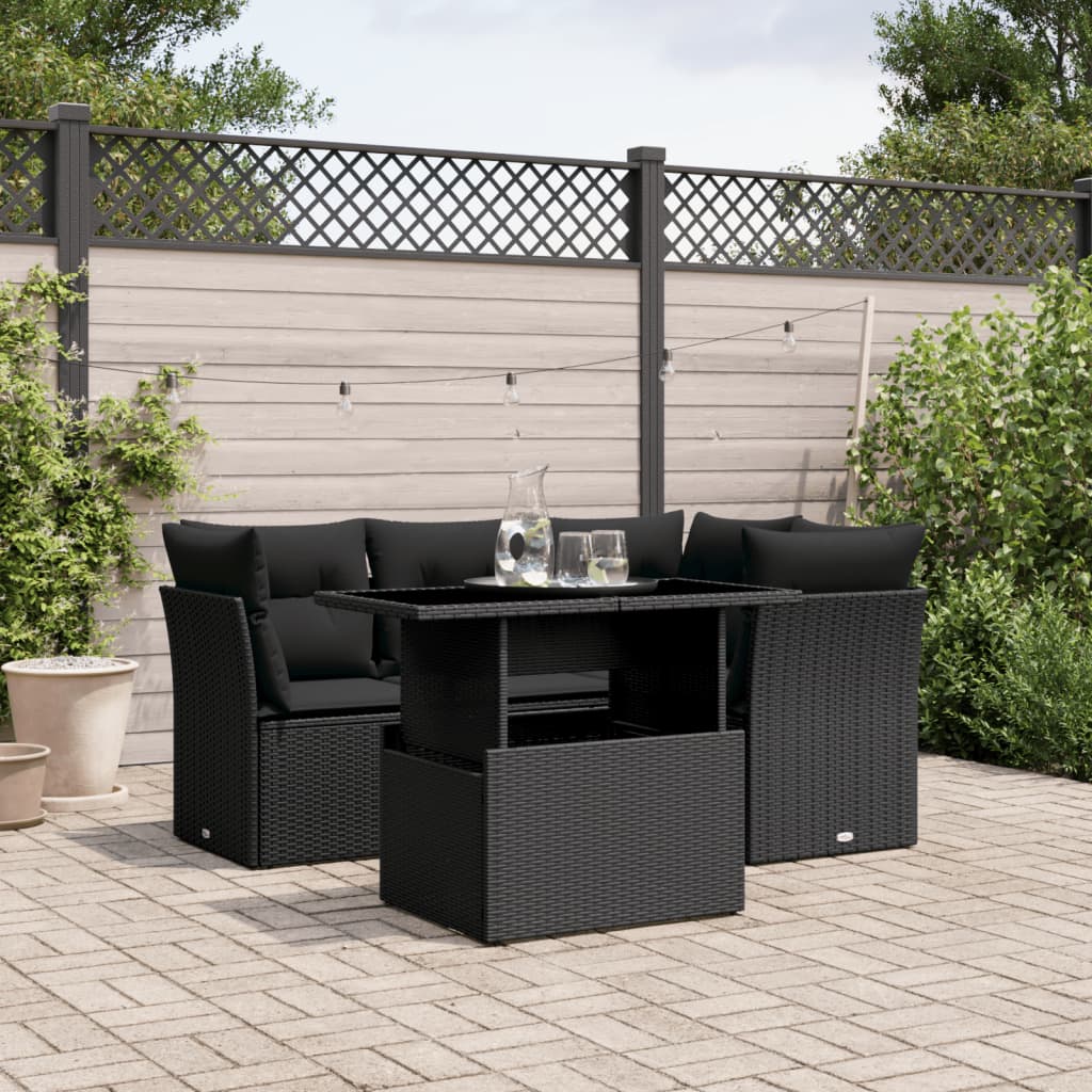 foto del prodotto set divani da giardino 5 pz con cuscini in polyrattan nero