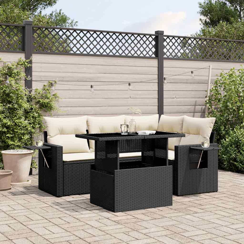 foto del prodotto set divani da giardino 5 pz con cuscini in polyrattan nero