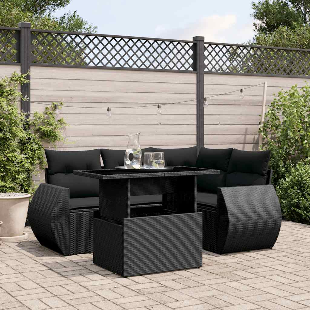 foto del prodotto set divani da giardino 5 pz con cuscini in polyrattan nero