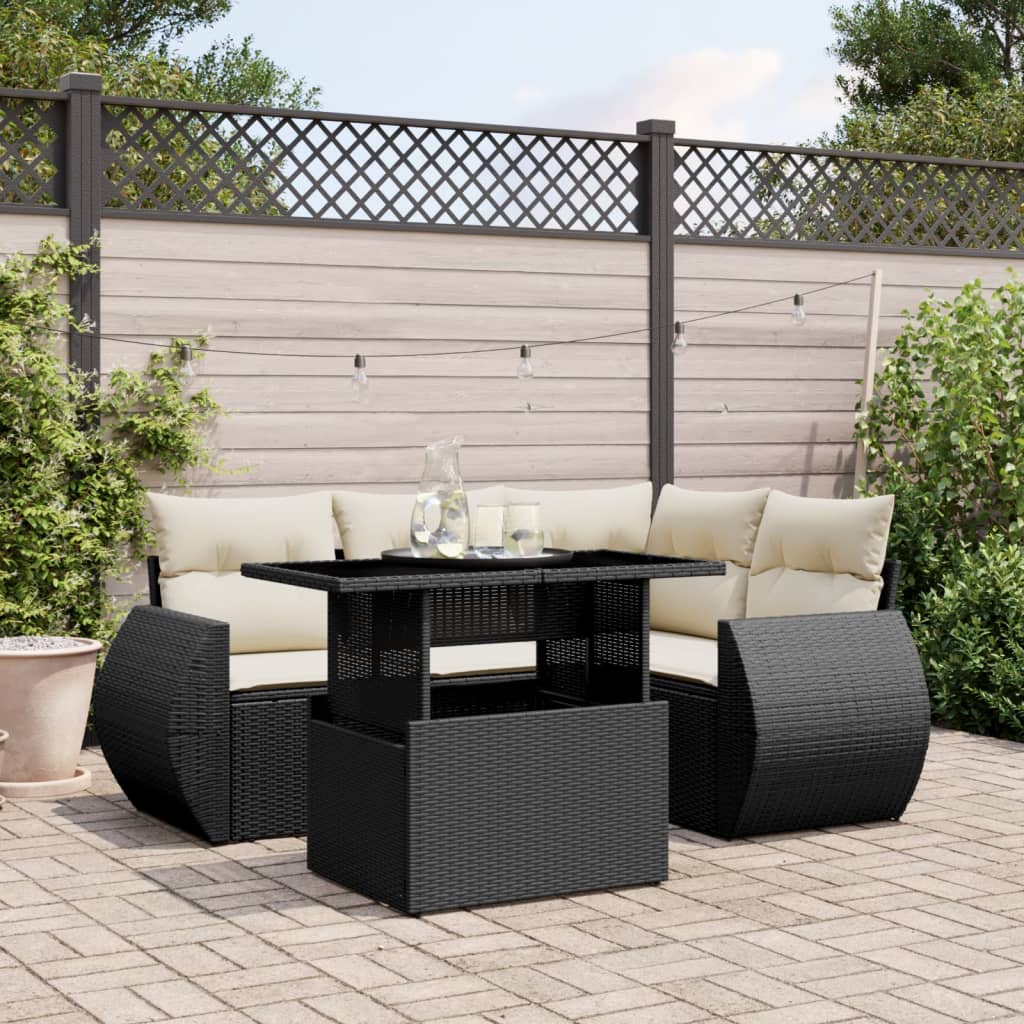 foto del prodotto set divani da giardino 5 pz con cuscini in polyrattan nero