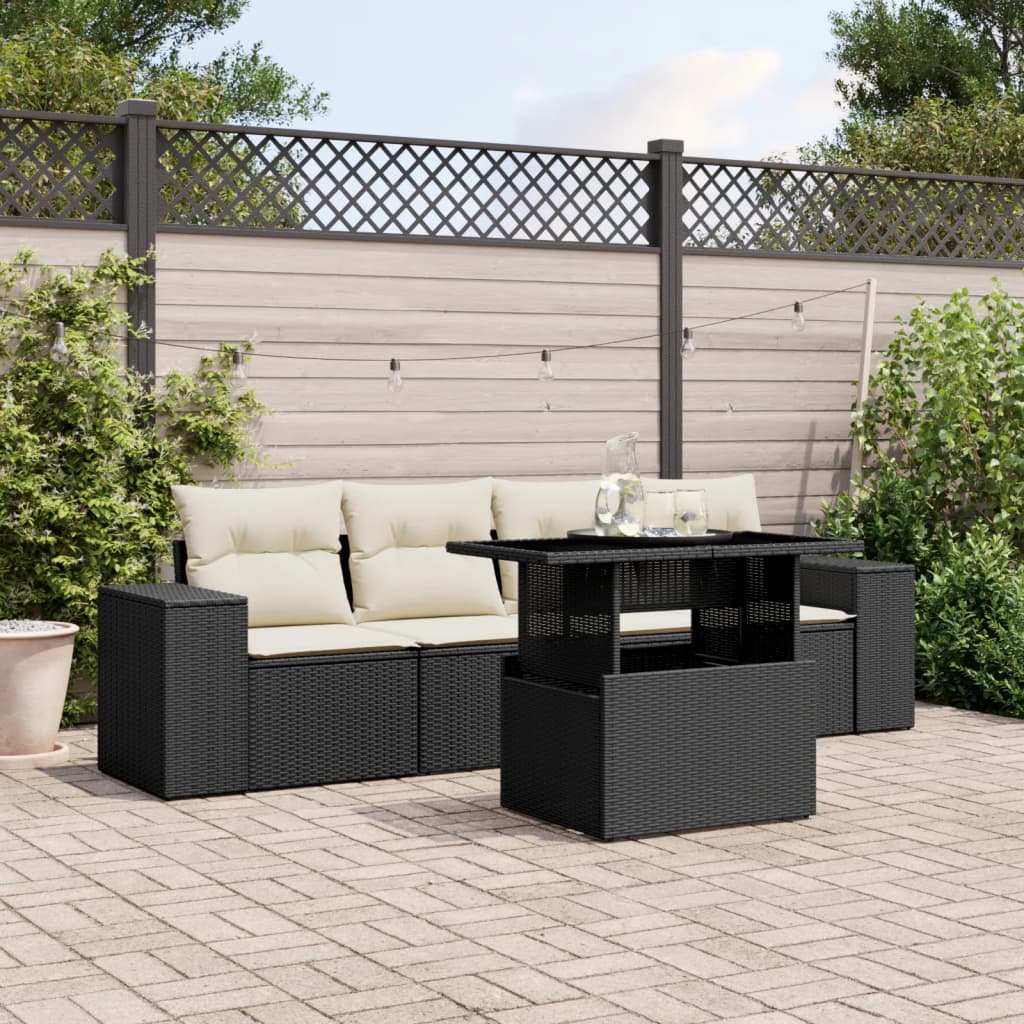 foto del prodotto set divani da giardino 5 pz con cuscini in polyrattan nero