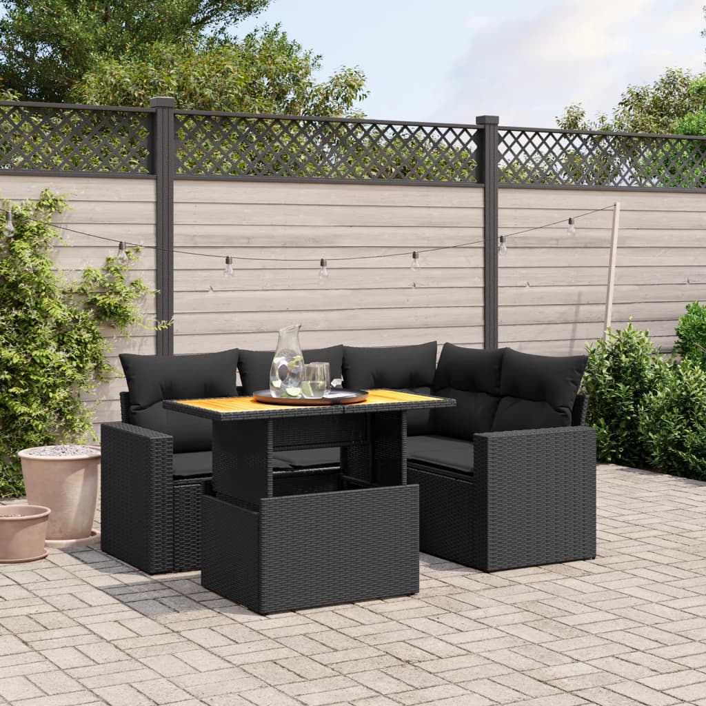 foto del prodotto set divani da giardino 5 pz con cuscini in polyrattan nero