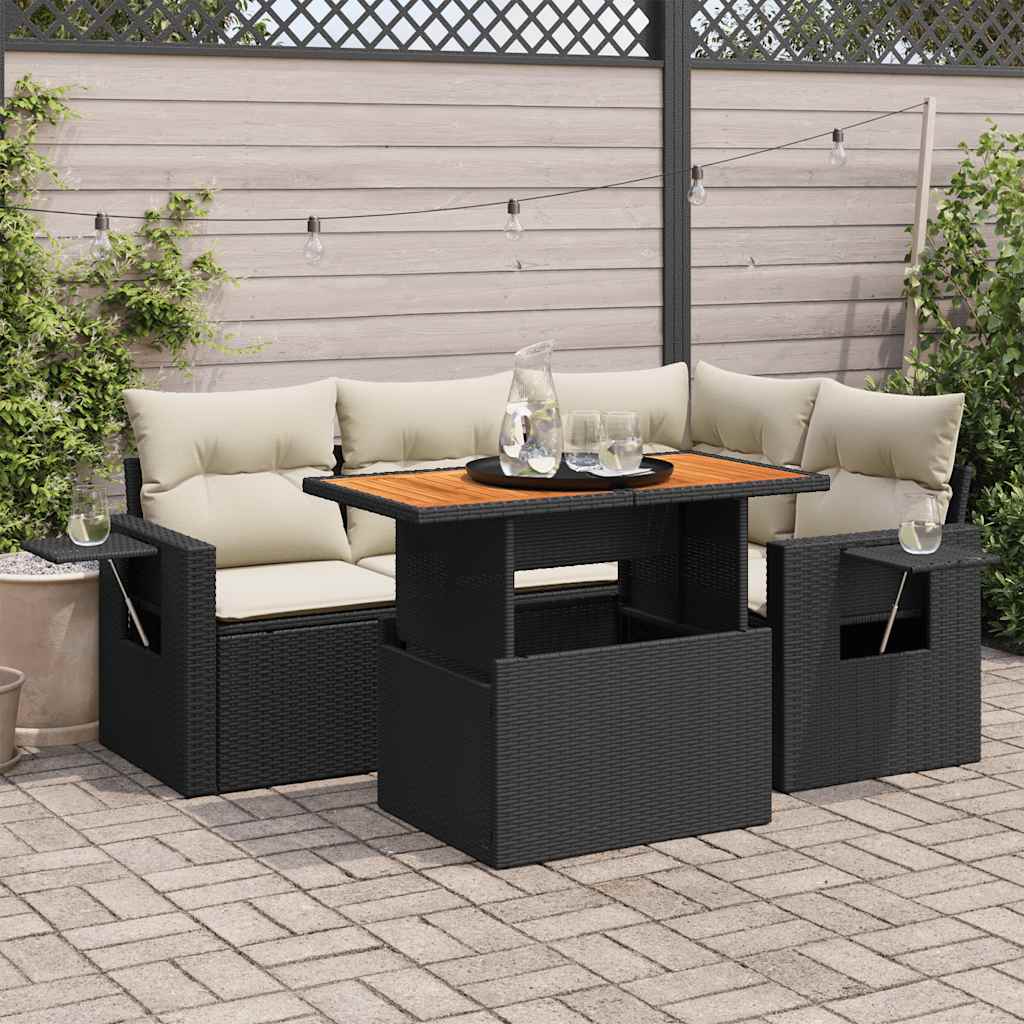 foto del prodotto set divani da giardino 5 pz con cuscini in polyrattan nero
