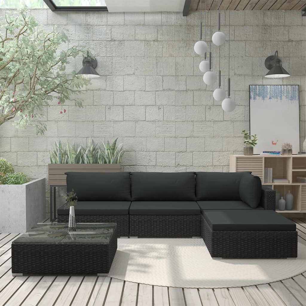 foto del prodotto set divani da giardino 5 pz con cuscini in polyrattan nero cod mxl 32040