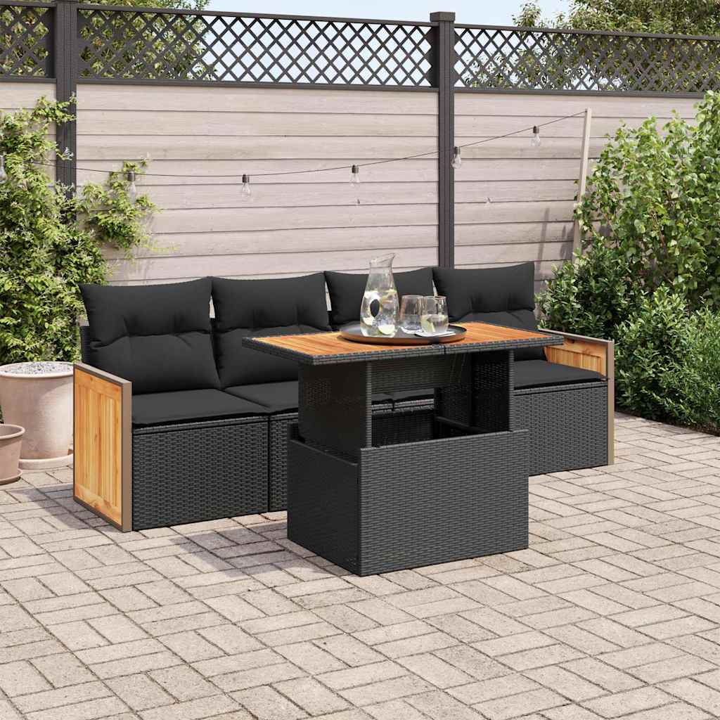foto del prodotto set divani da giardino 5 pz con cuscini nero polyrattan acacia