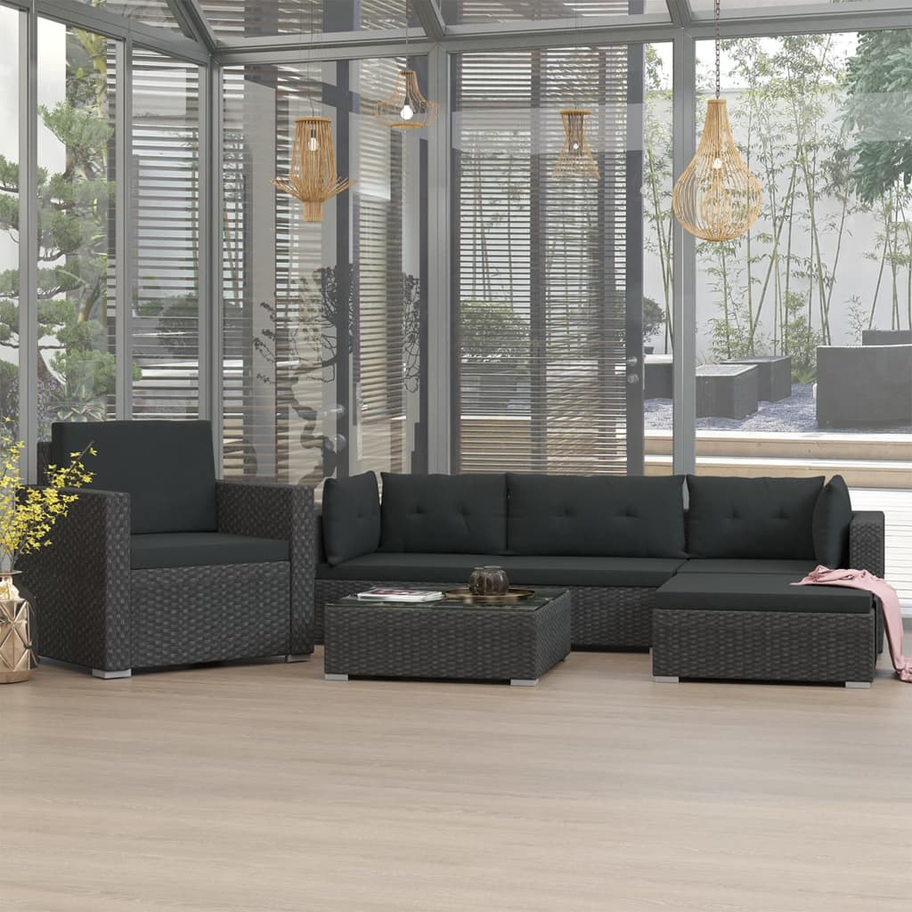 foto del prodotto set divani da giardino 6 pz con cuscini in polyrattan nero cod mxl 42016