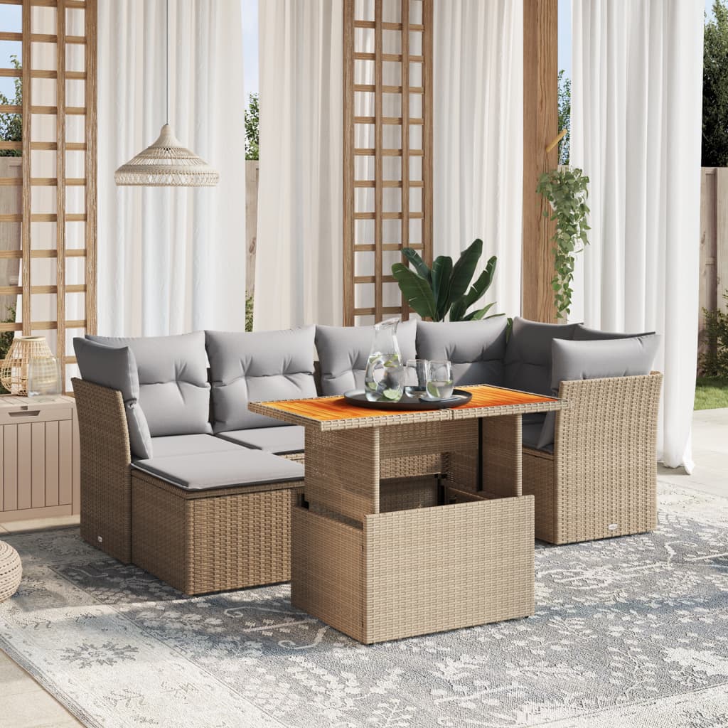 foto del prodotto set divani da giardino 7 pz con cuscini beige in polyrattan