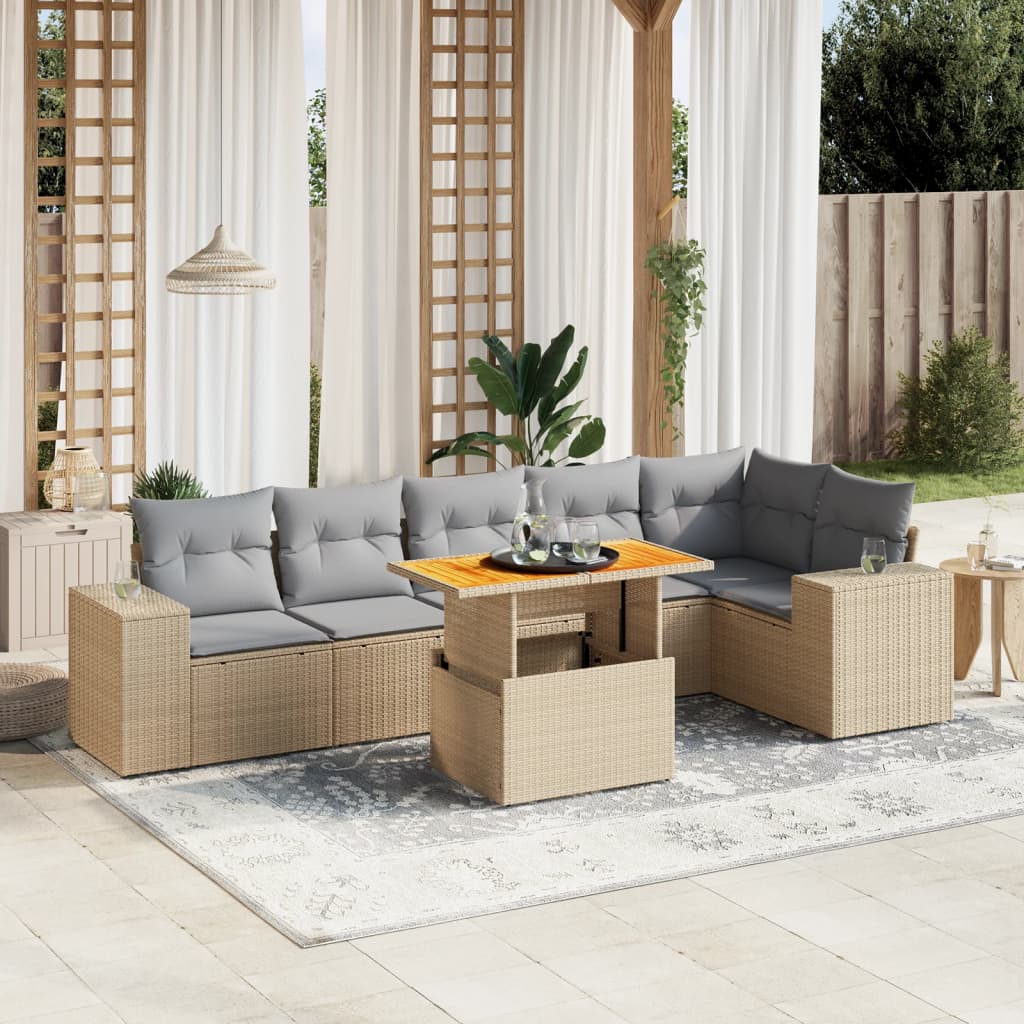 foto del prodotto set divani da giardino 7 pz con cuscini beige in polyrattan