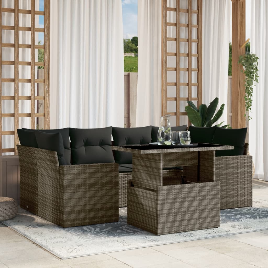 foto del prodotto set divani da giardino 7 pz con cuscini grigio in polyrattan