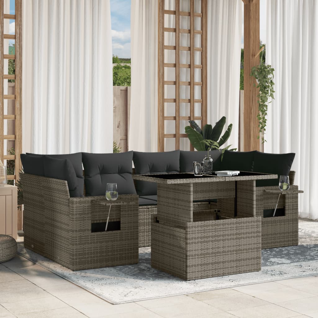 foto del prodotto set divani da giardino 7 pz con cuscini grigio in polyrattan