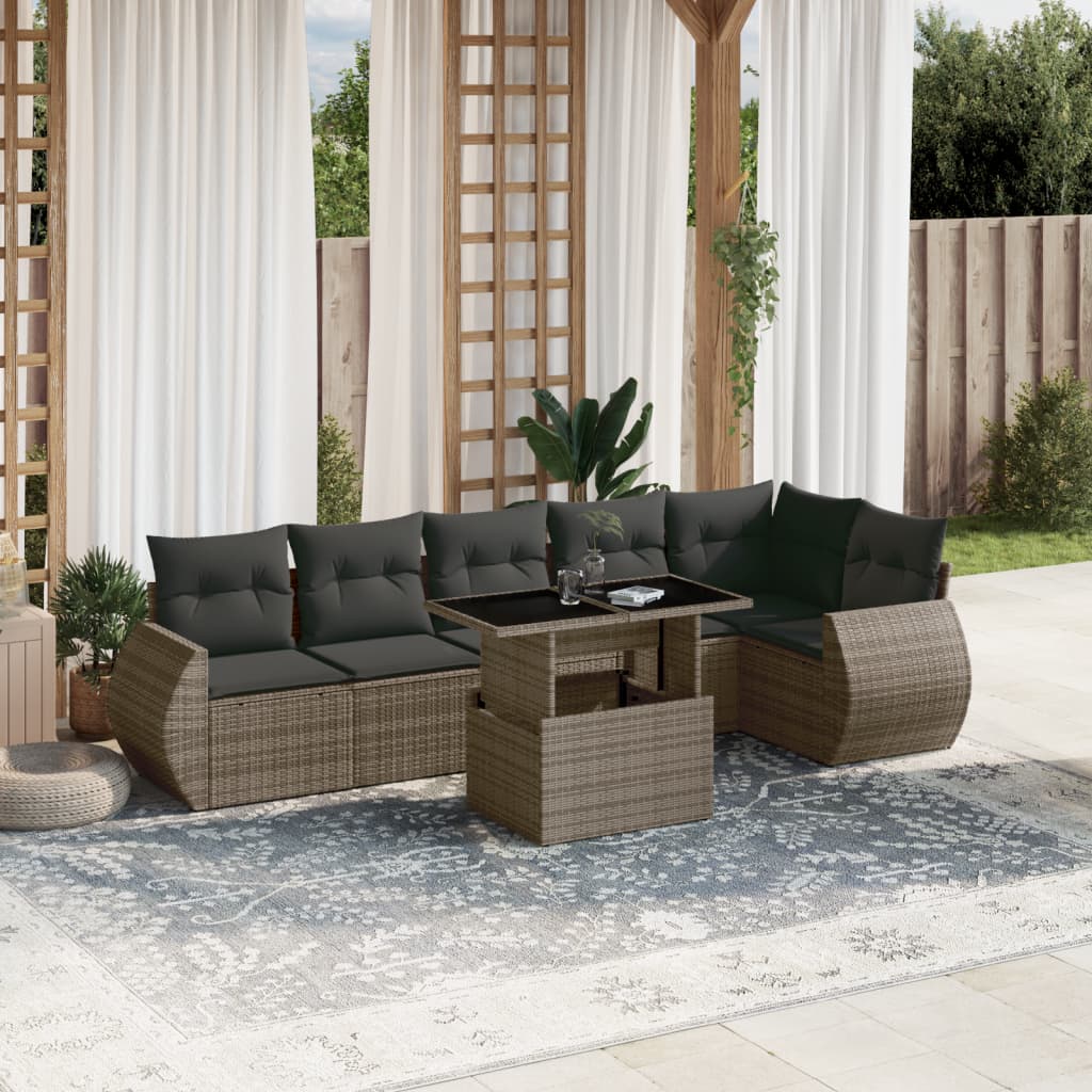 foto del prodotto set divani da giardino 7 pz con cuscini grigio in polyrattan