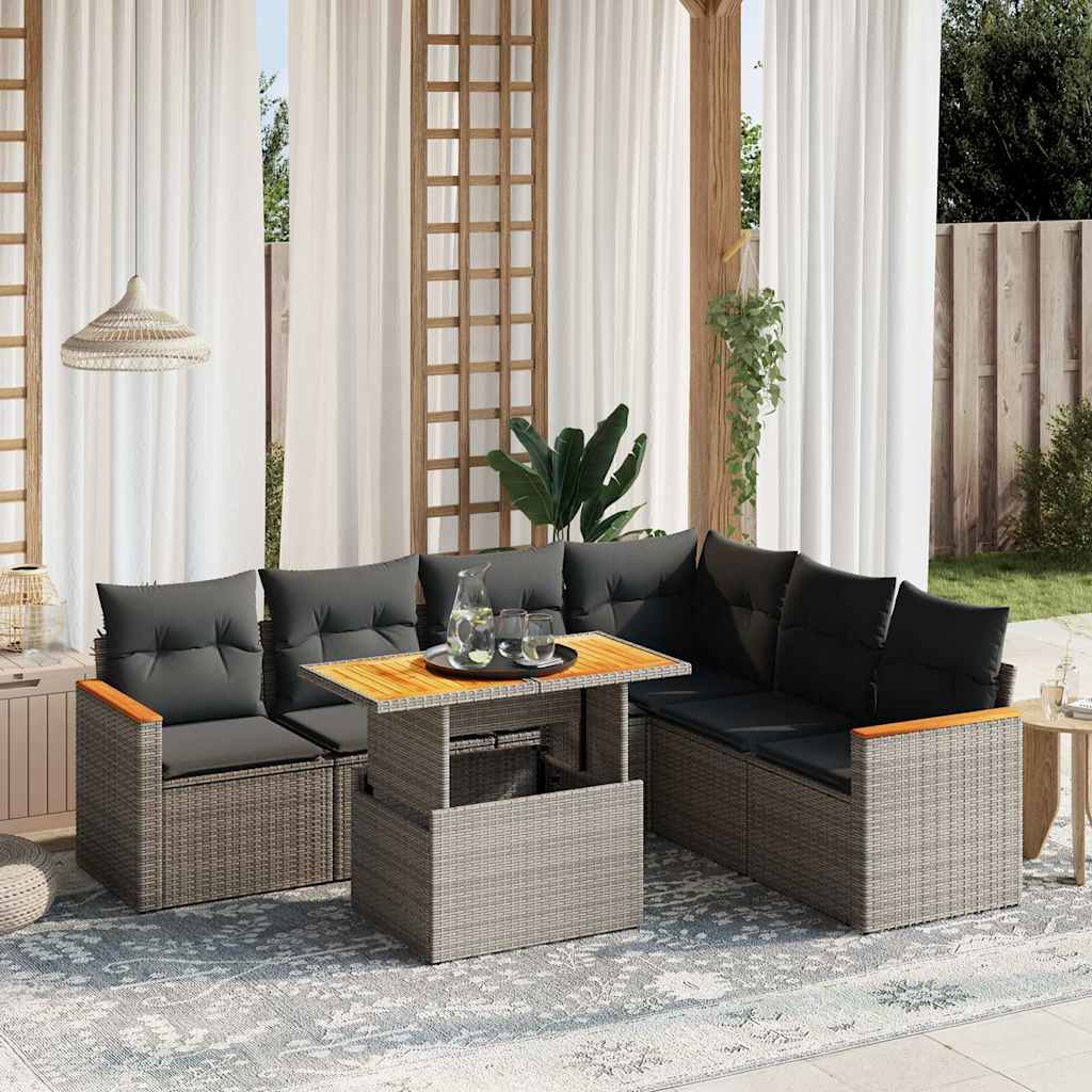 foto del prodotto set divani da giardino 7 pz con cuscini grigio in polyrattan