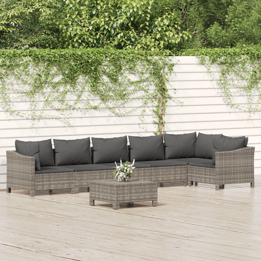 foto del prodotto set divani da giardino 7 pz con cuscini in polyrattan grigio