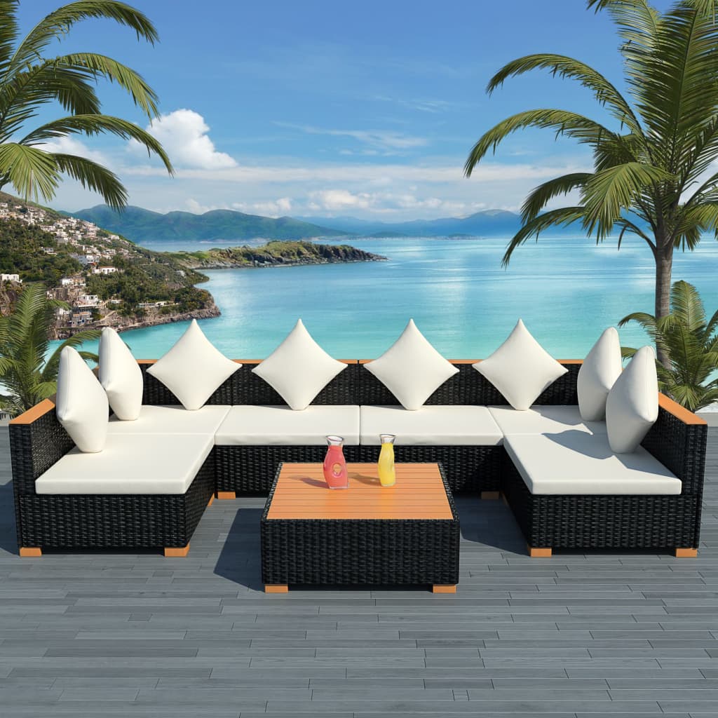 foto del prodotto set divani da giardino 7 pz con cuscini in polyrattan nero cod mxl 36272