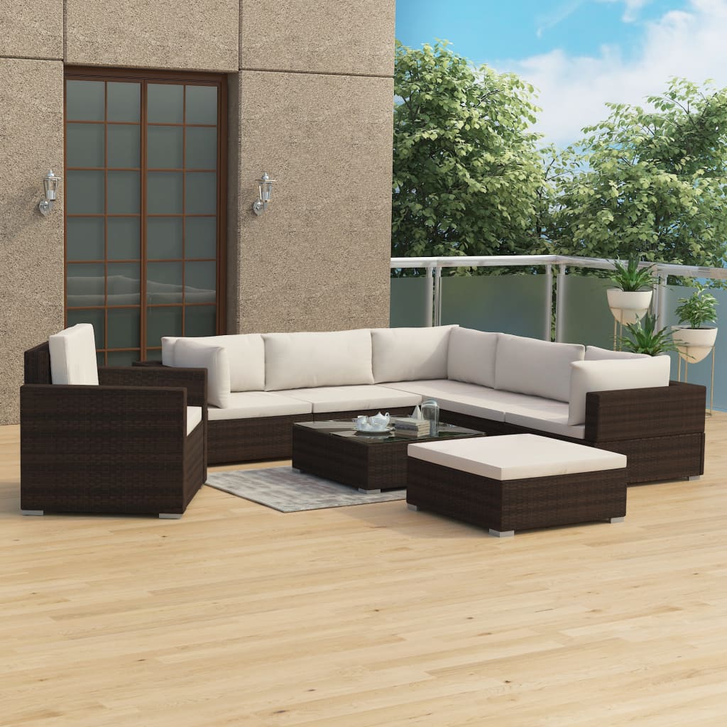 foto del prodotto set divani da giardino 8 pz con cuscini in polyrattan marrone cod mxl 33128