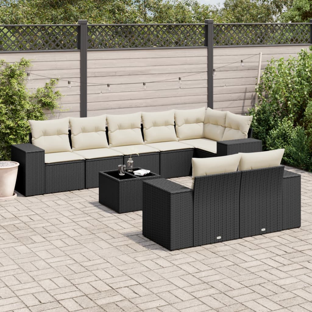 foto del prodotto set divani da giardino 9 pz con cuscini nero in polyrattan