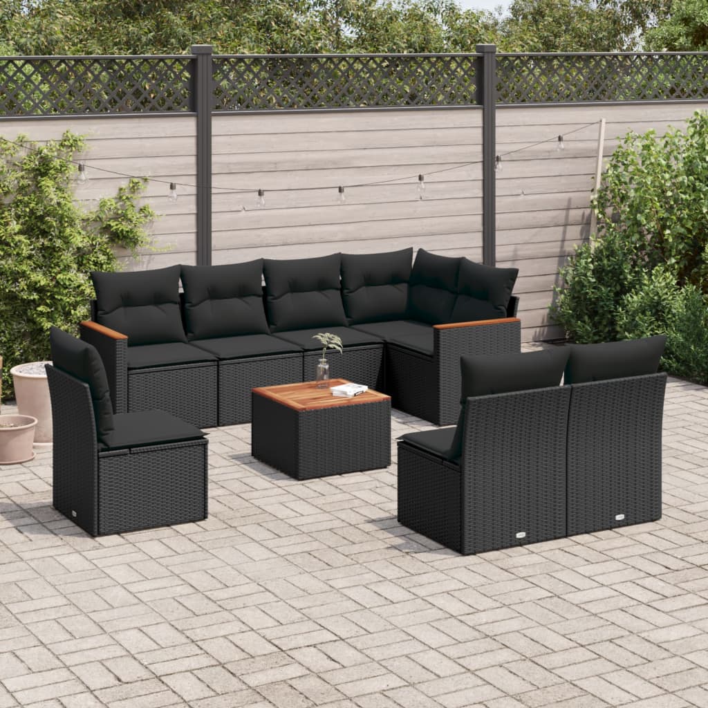 foto del prodotto set divani da giardino 9 pz con cuscini nero in polyrattan