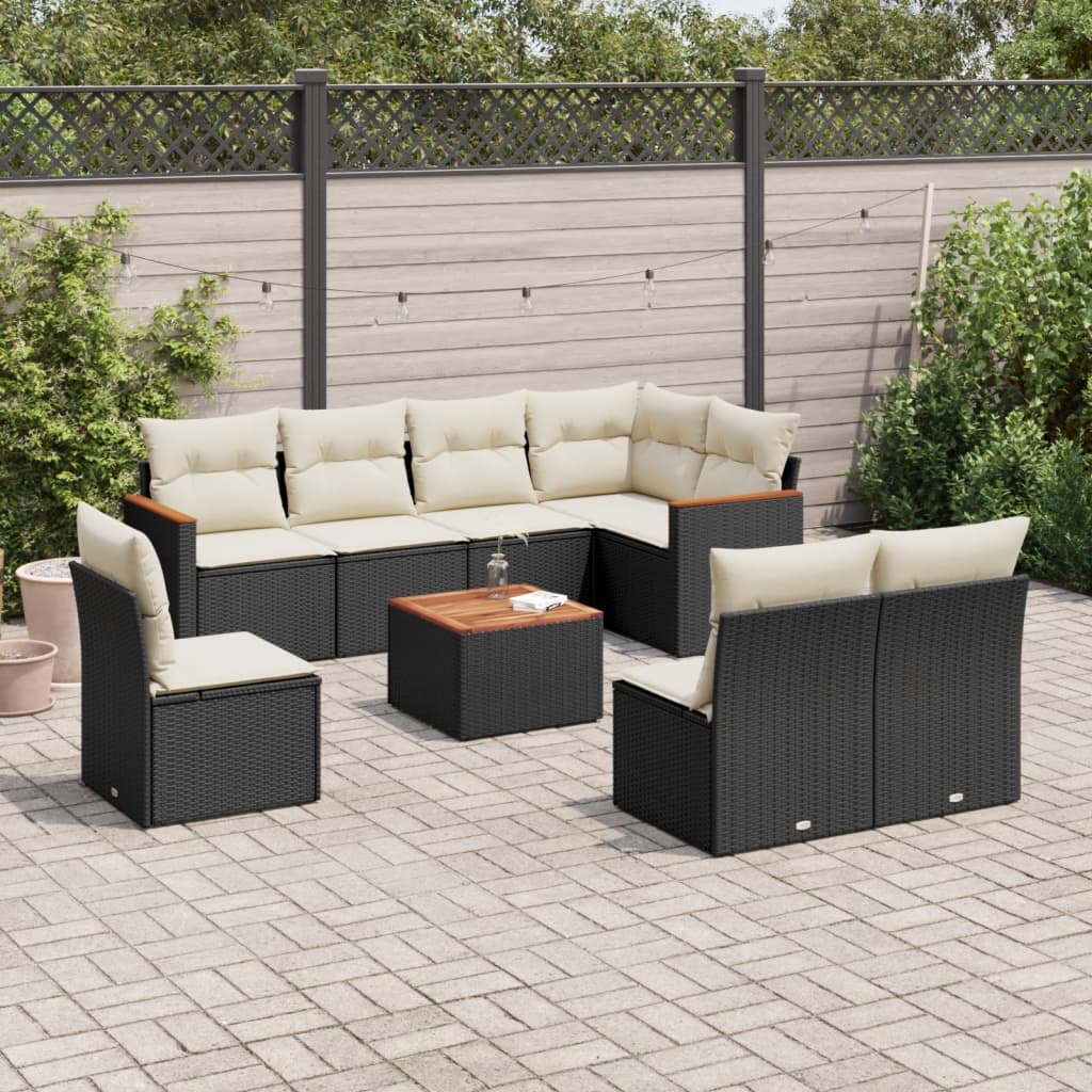 foto del prodotto set divani da giardino 9 pz con cuscini nero in polyrattan