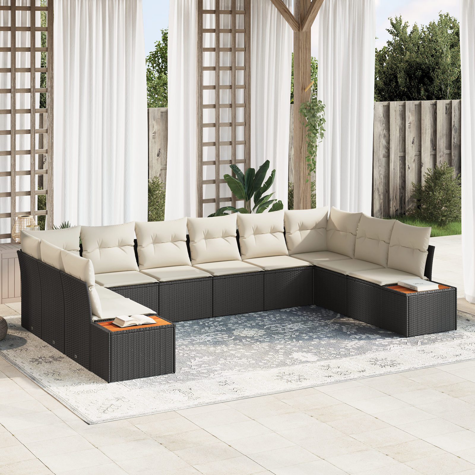 foto del prodotto set divani giardino 10 pezzi con cuscini neri in polyrattan