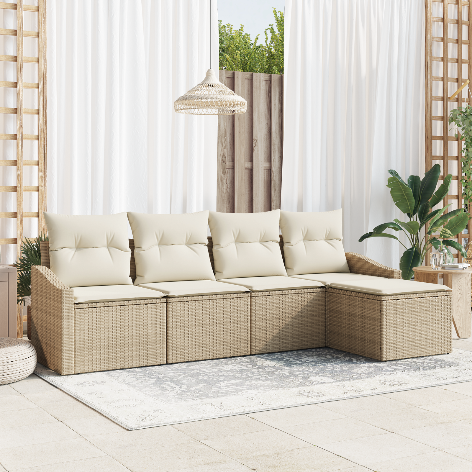 foto del prodotto set divani giardino 5 pezzi con cuscini beige in polyrattan