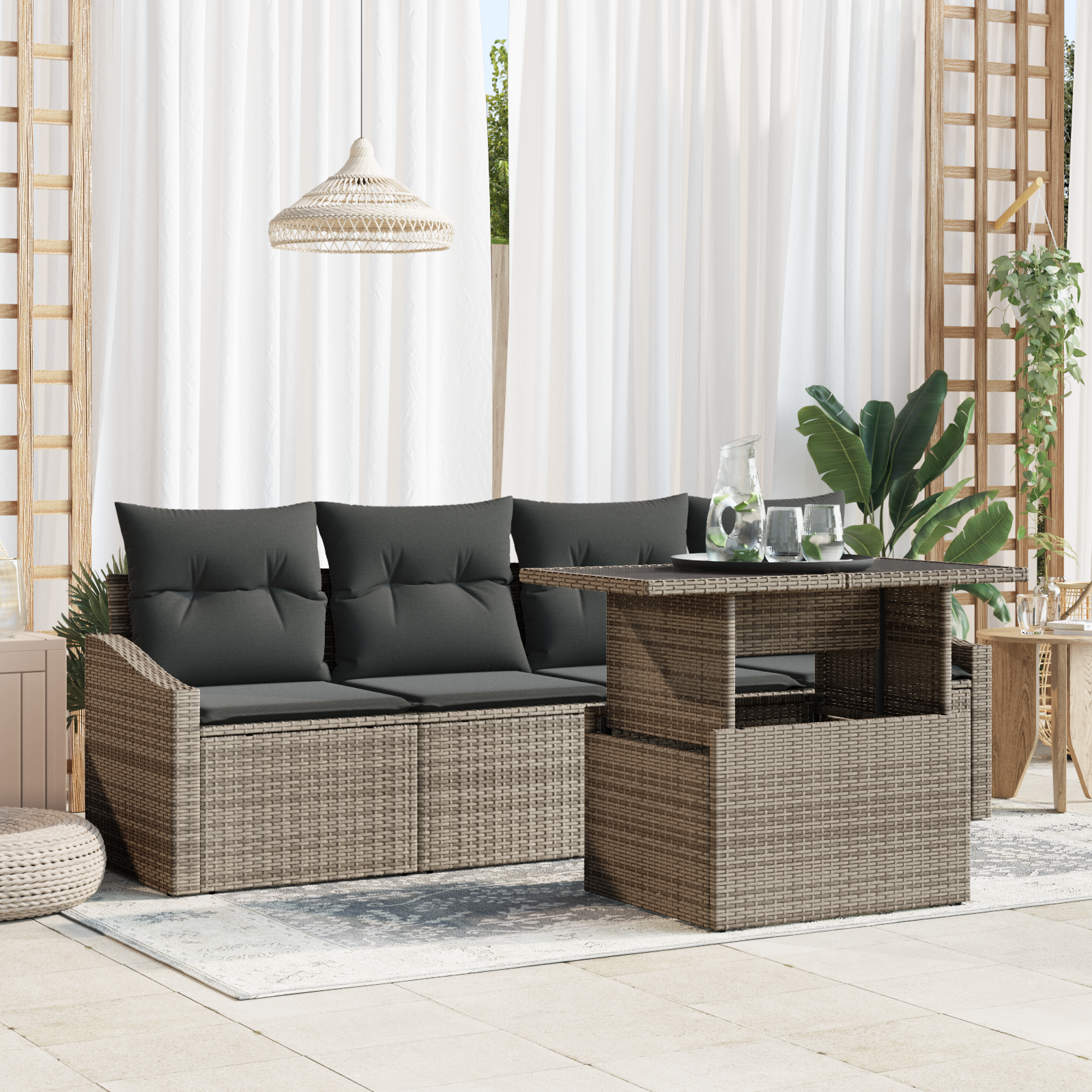 foto del prodotto set divani giardino 5 pezzi con cuscini grigio polirattan