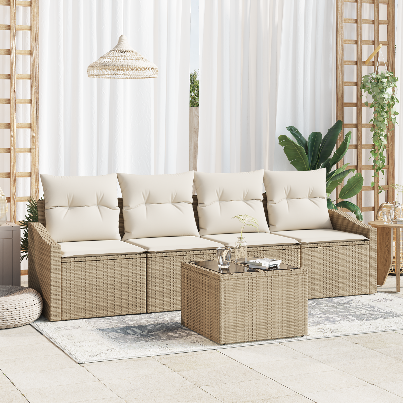 foto del prodotto set divani giardino , 5 pezzi, cuscini beige, rattan sintetico