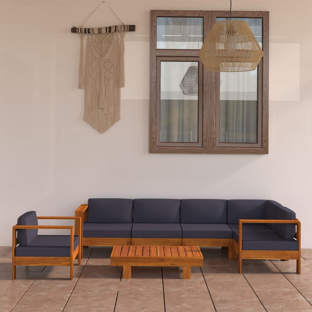 foto del prodotto set divani giardino 7 posti cuscini grigi scuro massello acacia cod mxl 41075