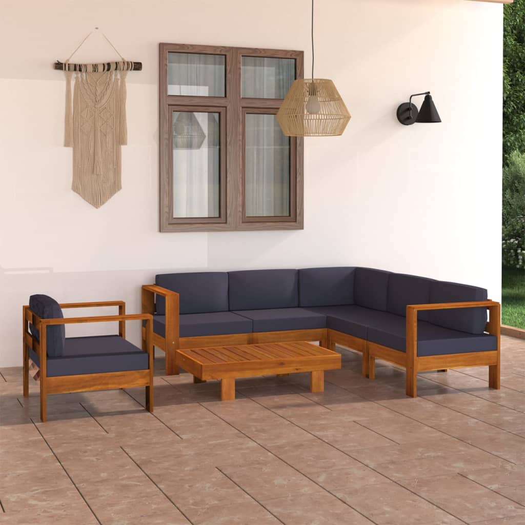 foto del prodotto set divani giardino 7 posti cuscini grigi scuro massello acacia cod mxl 41079