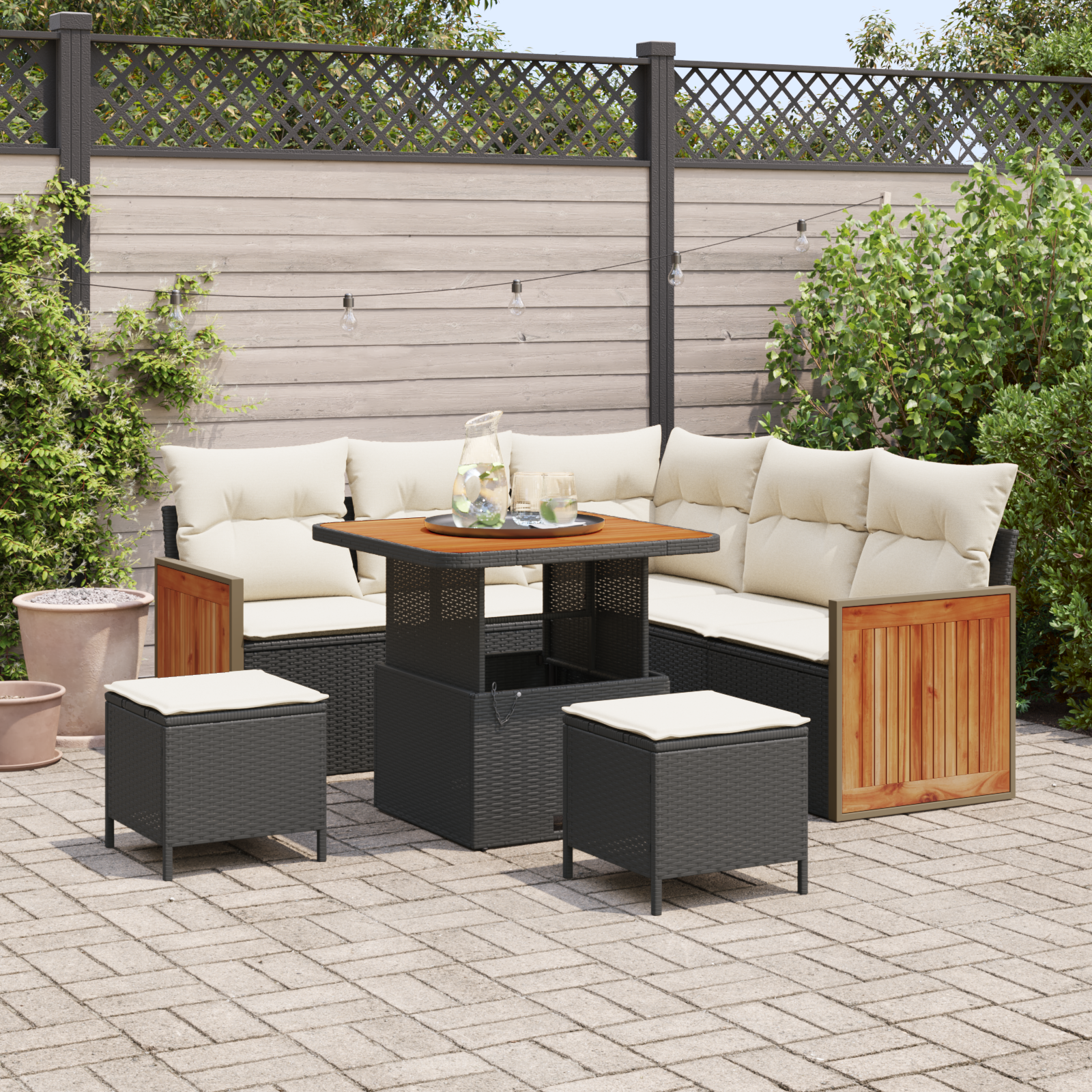 foto del prodotto set divani giardino 8 pezzi con cuscini nero polyrattan acacia