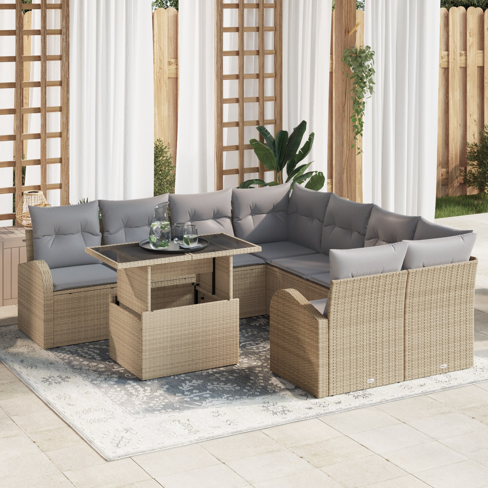 foto del prodotto set divani giardino 9 pezzi con cuscini beige rattan poliolefinico