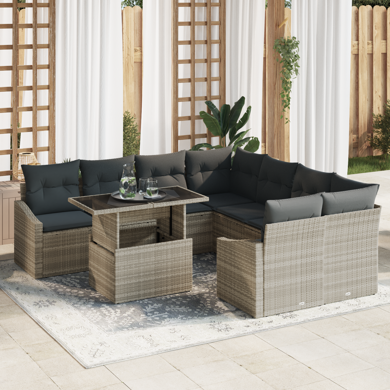 foto del prodotto set divani giardino 9 pezzi con cuscini grigio chiaro polirattan