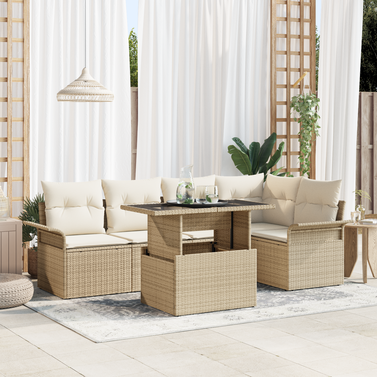 foto del prodotto set divani giardino con cuscini beige rattan