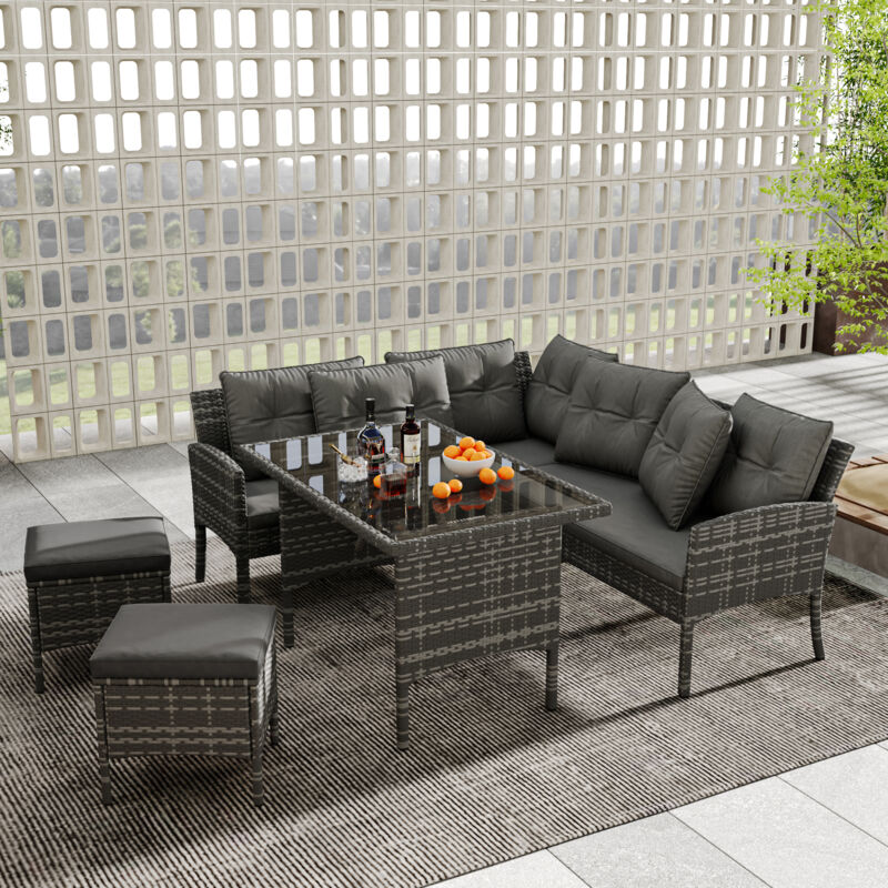 foto del prodotto set divani in polyrattan tavolo da pranzo soggiorno set divani mobili da giardino, mobile da giardino per 7 persone con divano, tavolo, sgabello,