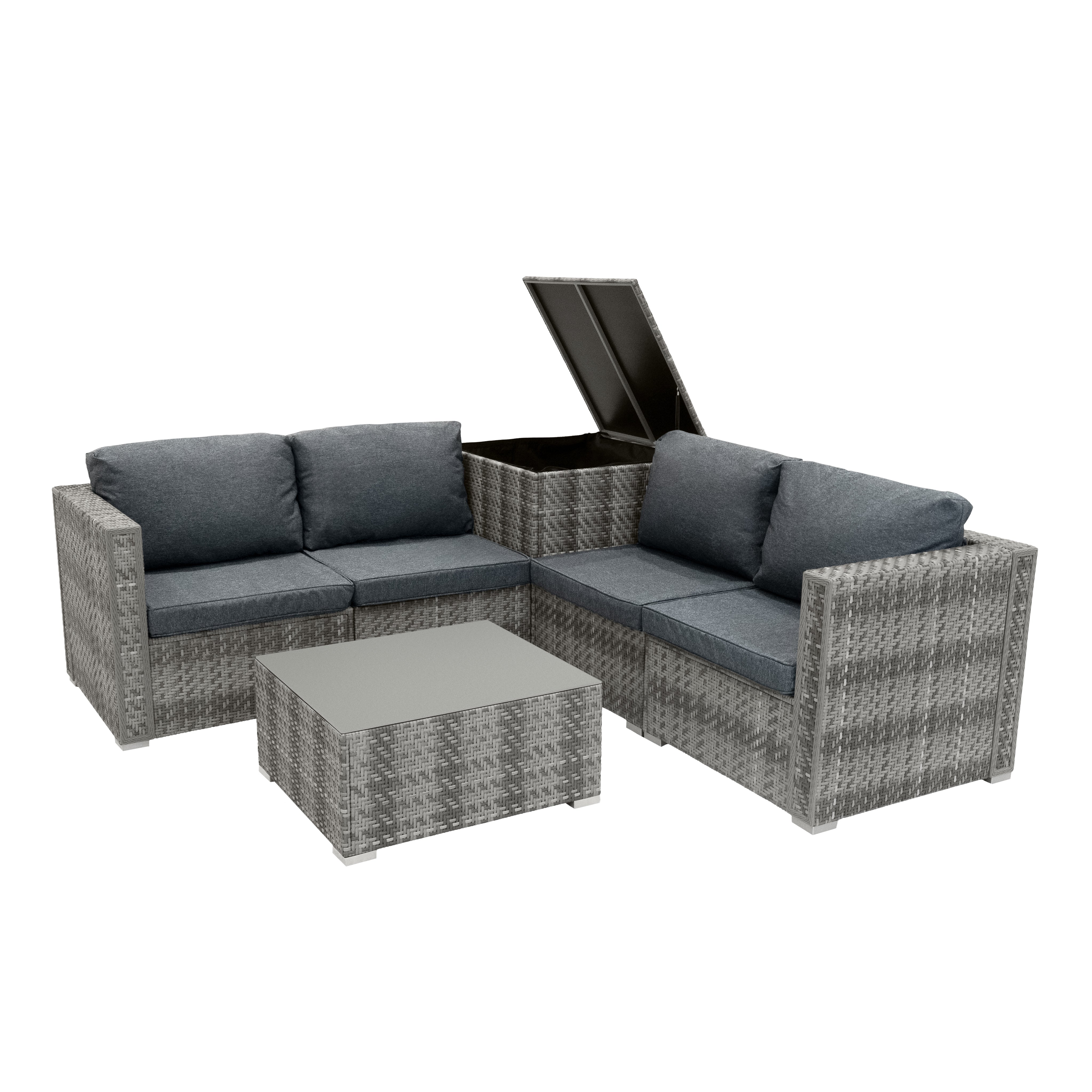 foto del prodotto set divani rattan grigio 6 pezzi con cuscini, tavolino e baule 250l