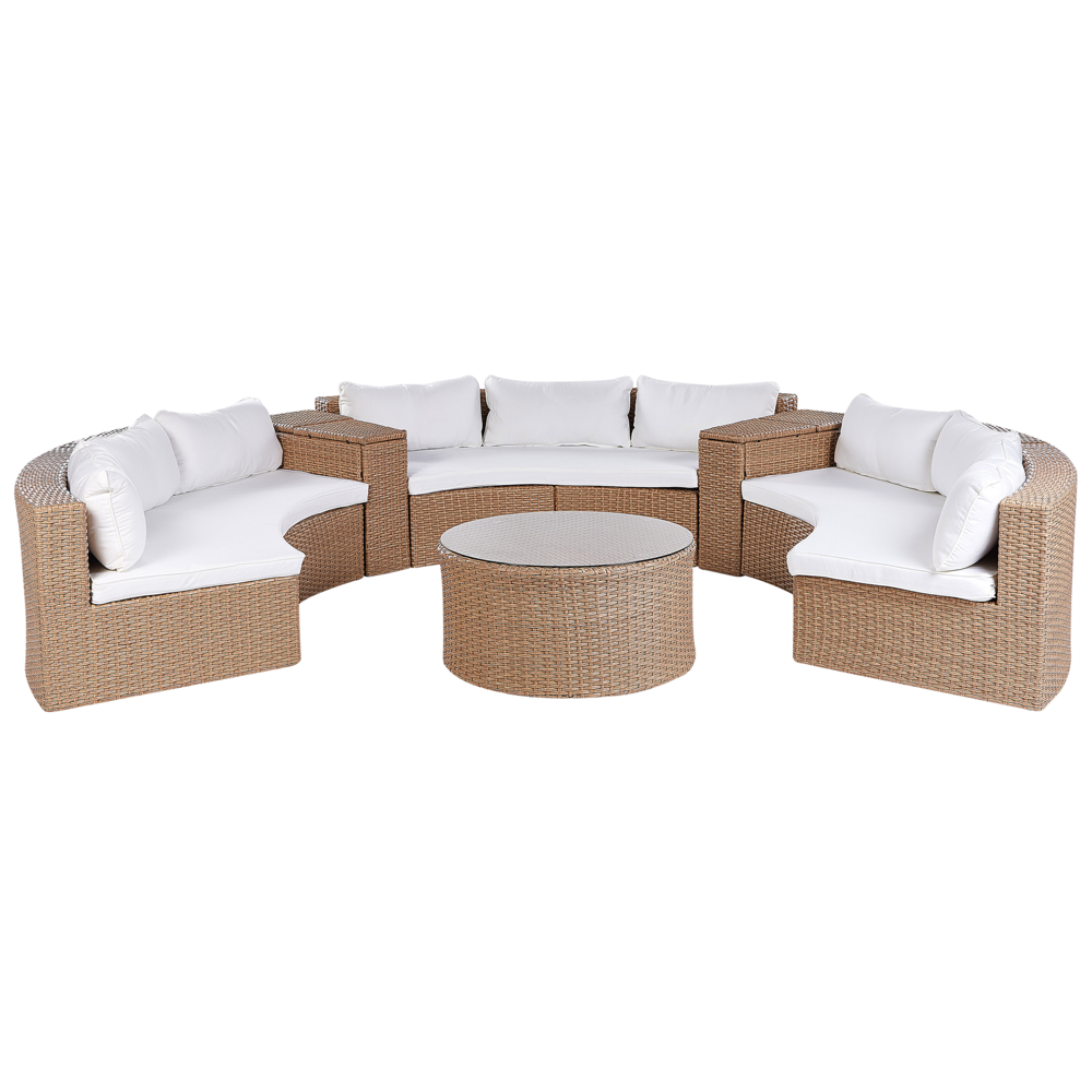 foto del prodotto set divano ad angolo da giardino beige sabbia finto rattan a forma di u 9 posti cuscini bianchi curvi con tavolo set di conversazione