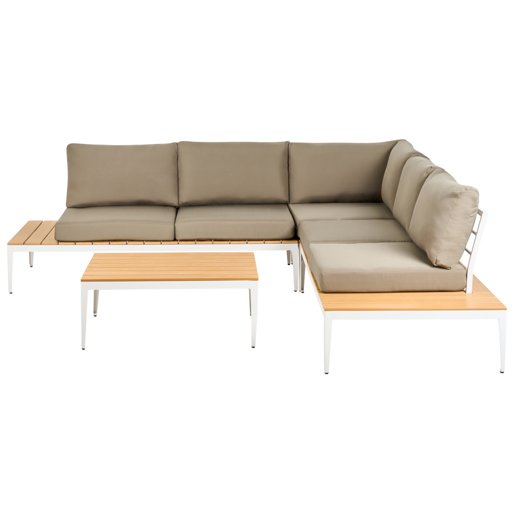 foto del prodotto set divano ad angolo da giardino cuscini grigi tavolo design a doghe set moderno da conversazione a 5 posti