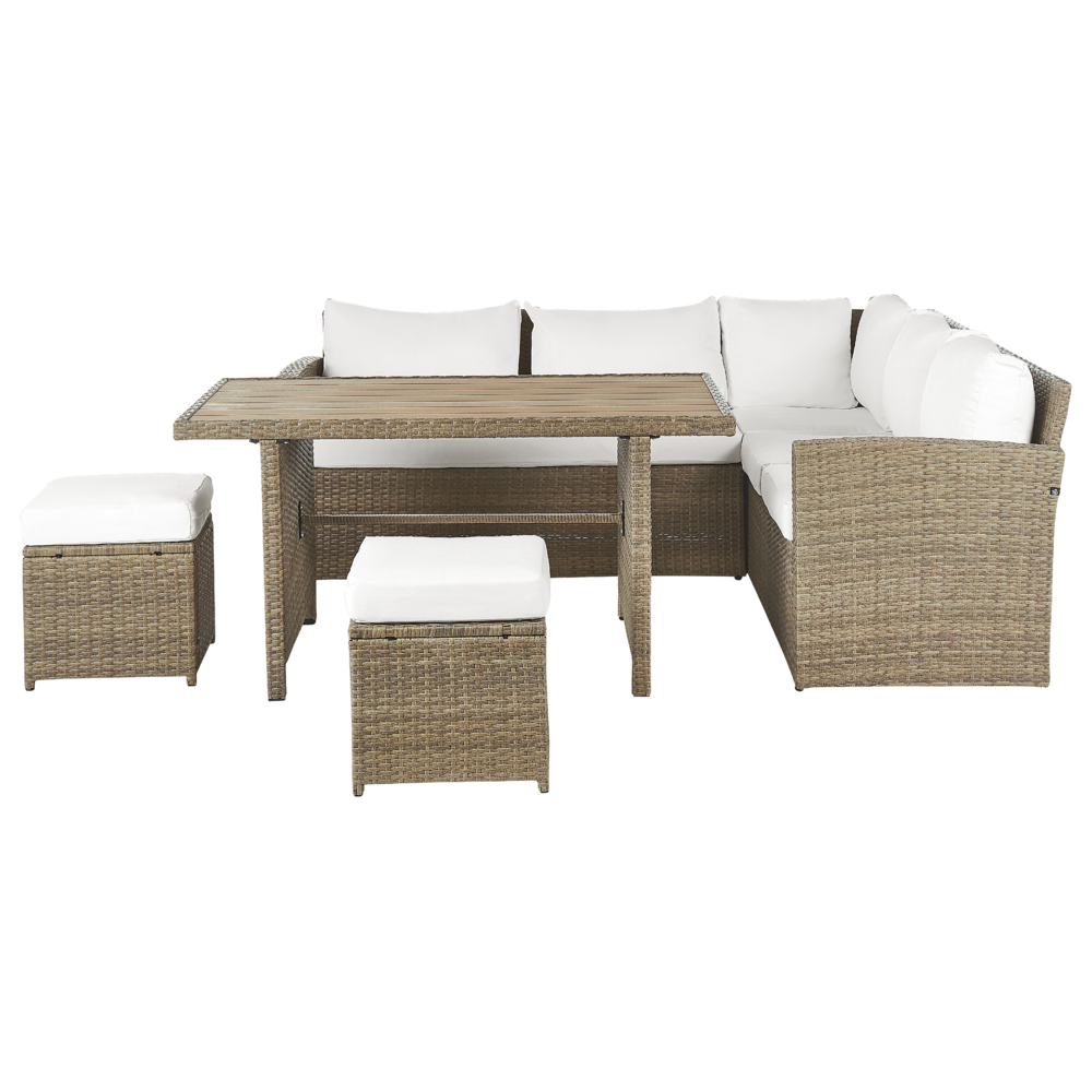 foto del prodotto set divano ad angolo da giardino marrone rattan sintetico bianco cuscini divano a 5 posti tavolo 2 ottomani set da pranzo all'aperto