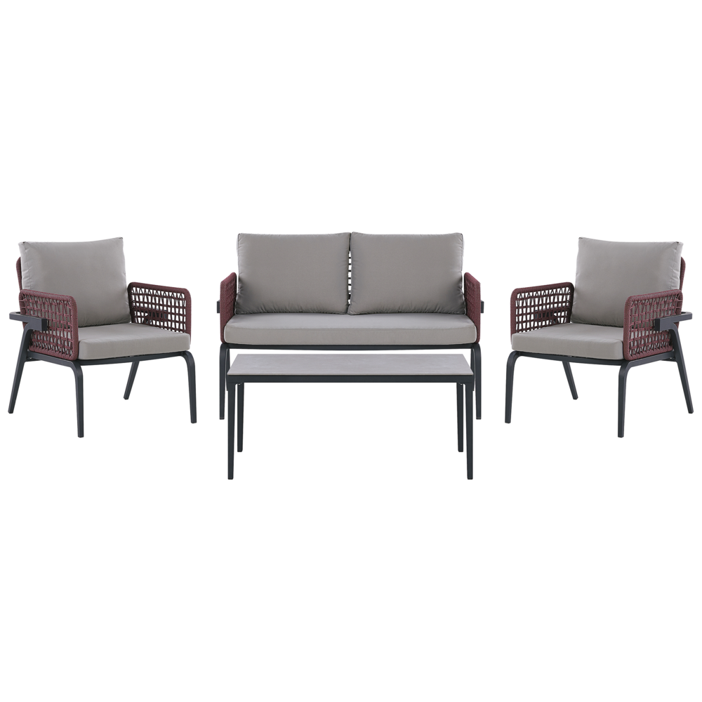 foto del prodotto set divano da esterno grigio per 4 persone struttura in alluminio divano poltrone con cuscini in tessuto tavolino design moderno