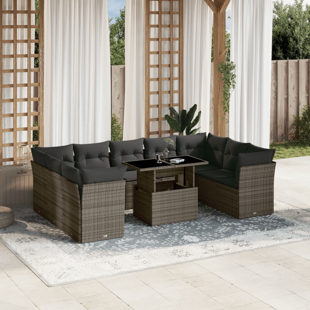 foto del prodotto set divano da giardino 10 pz con cuscini grigio in polyrattan