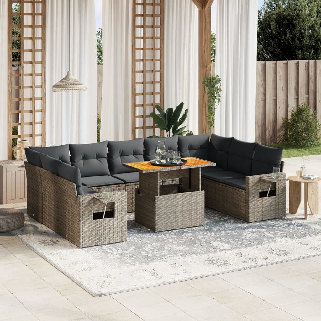foto del prodotto set divano da giardino 10 pz con cuscini grigio in polyrattan