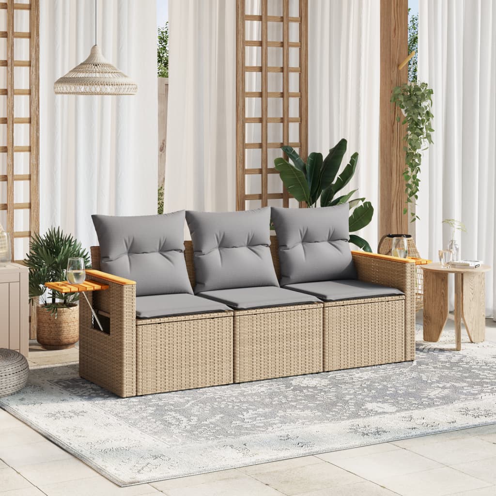 foto del prodotto set divano da giardino 3 pz con cuscini beige in polyrattan