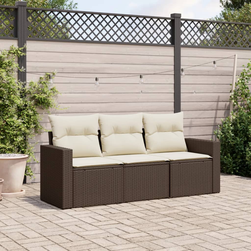 foto del prodotto set divano da giardino 3 pz con cuscini marrone in polyrattan
