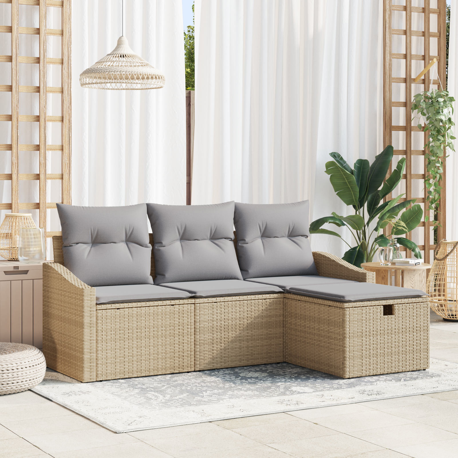 foto del prodotto set divano da giardino 4 pezzi con cuscini beige in rattan poliestere