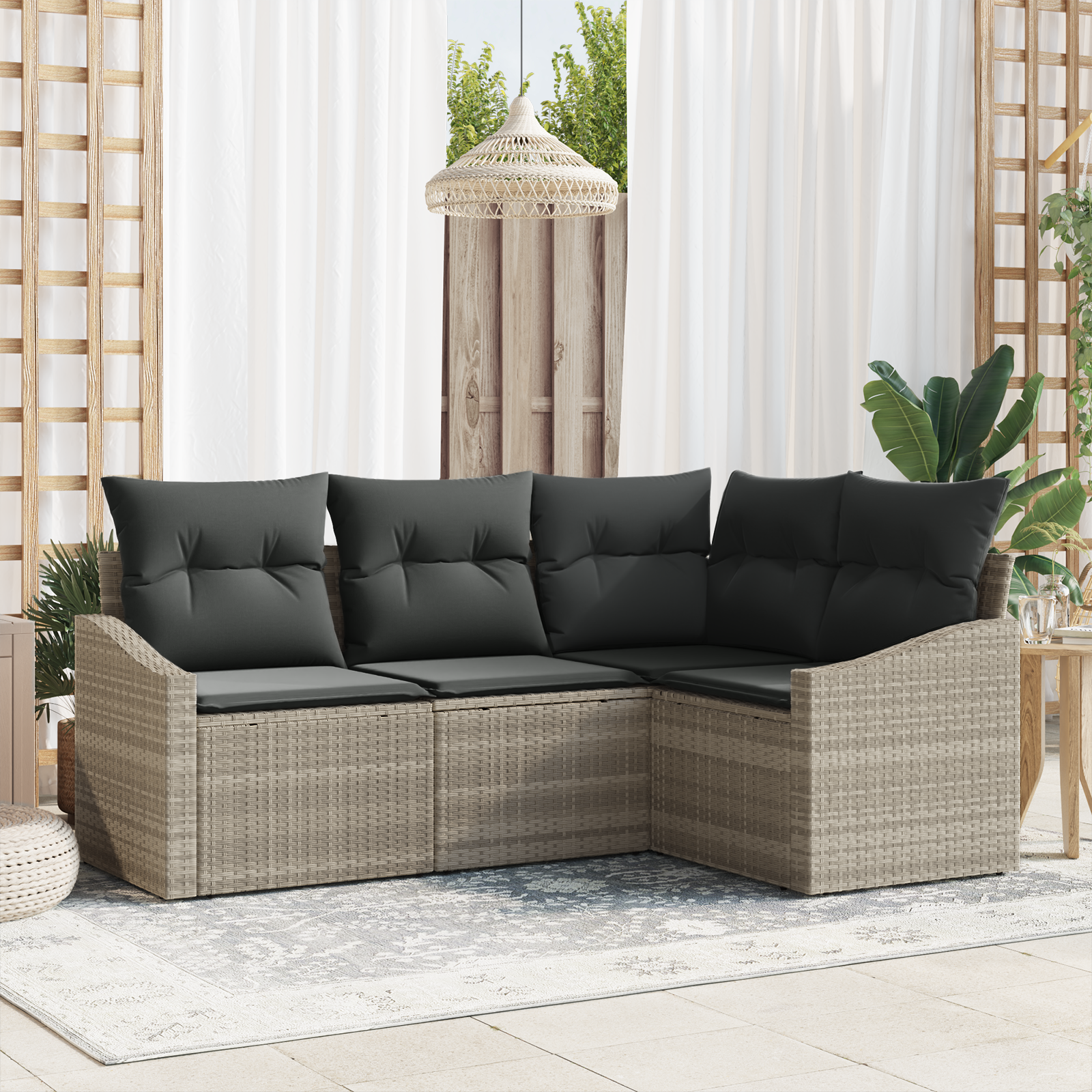 foto del prodotto set divano da giardino 4 pezzi con cuscini grigio chiaro polyrattan
