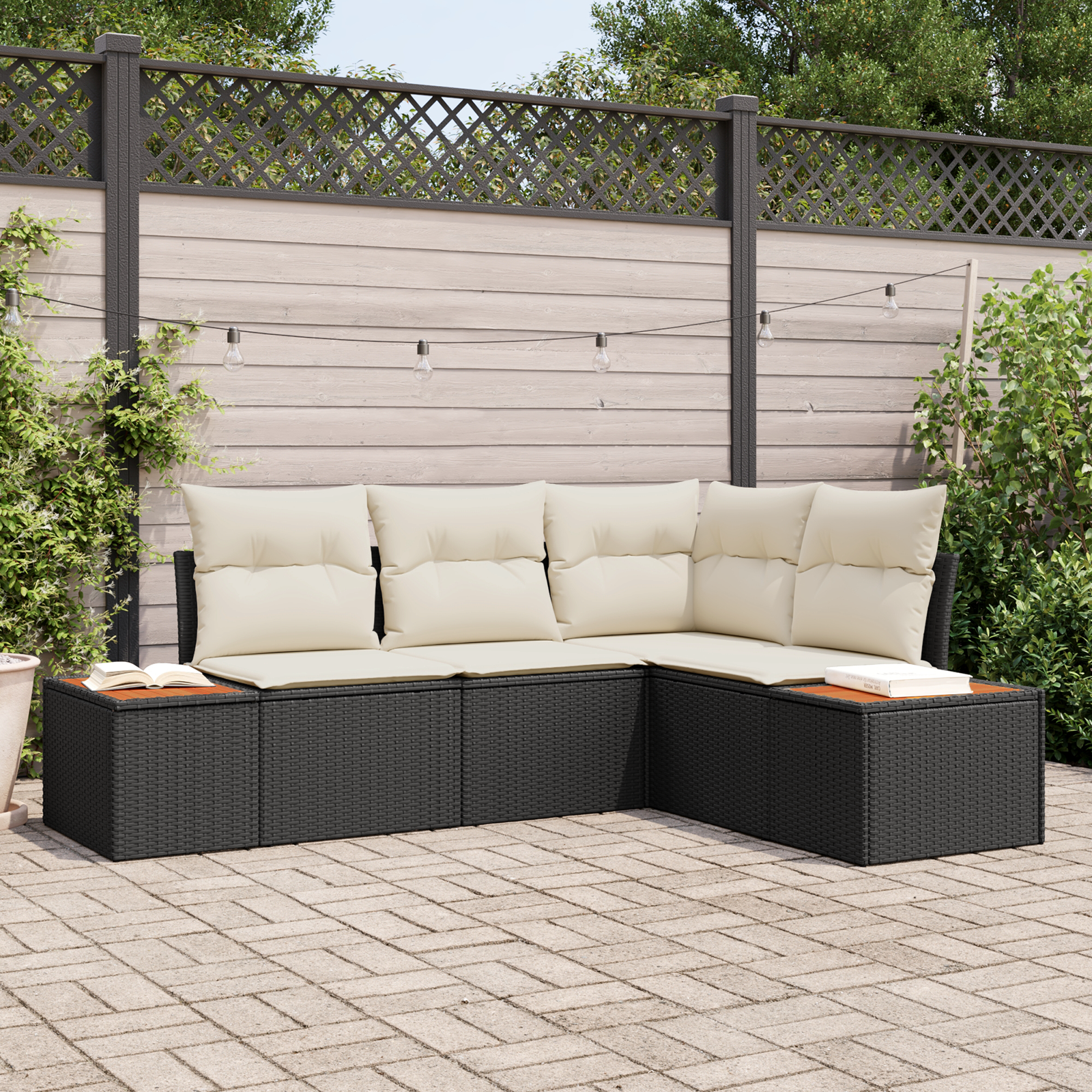 foto del prodotto set divano da giardino 4 pezzi con cuscini nero polyrattan acacia