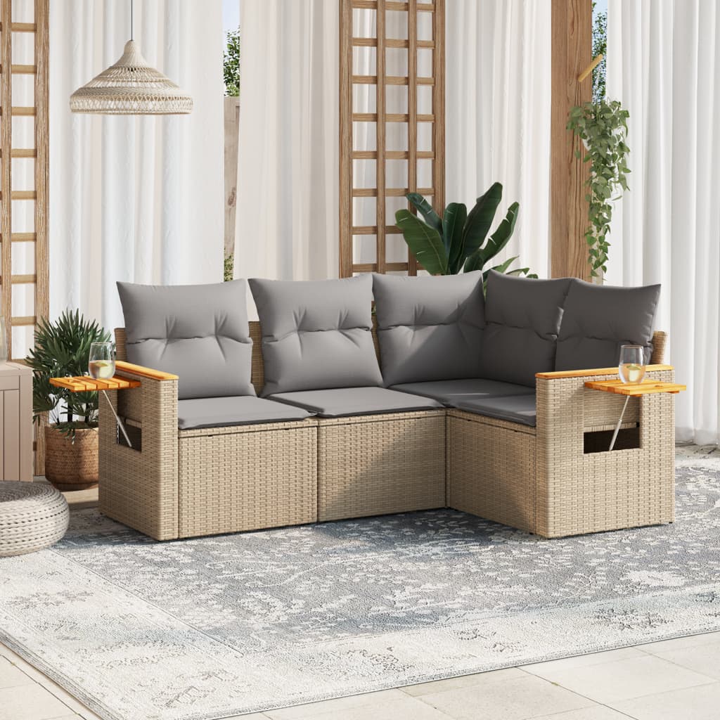 foto del prodotto set divano da giardino 4 pz con cuscini beige in polyrattan