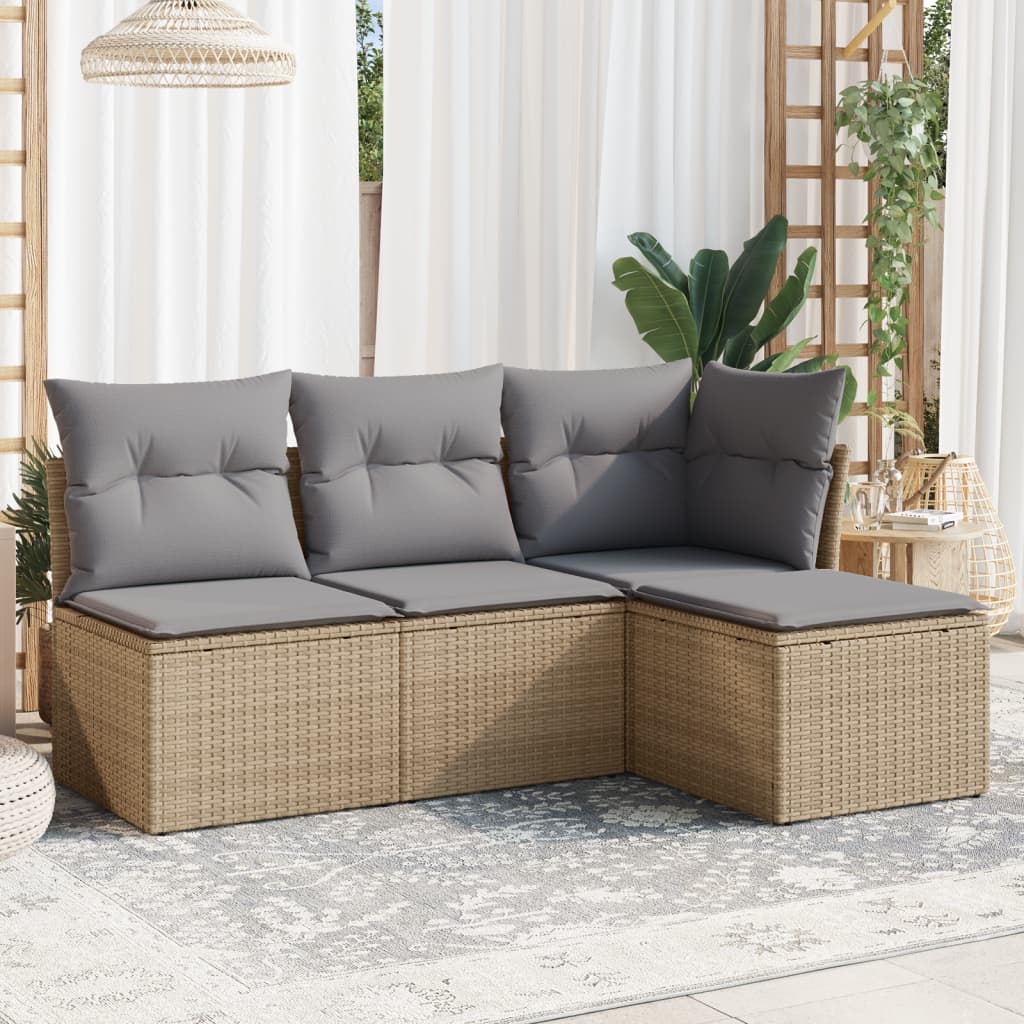 foto del prodotto set divano da giardino 4 pz con cuscini beige in polyrattan