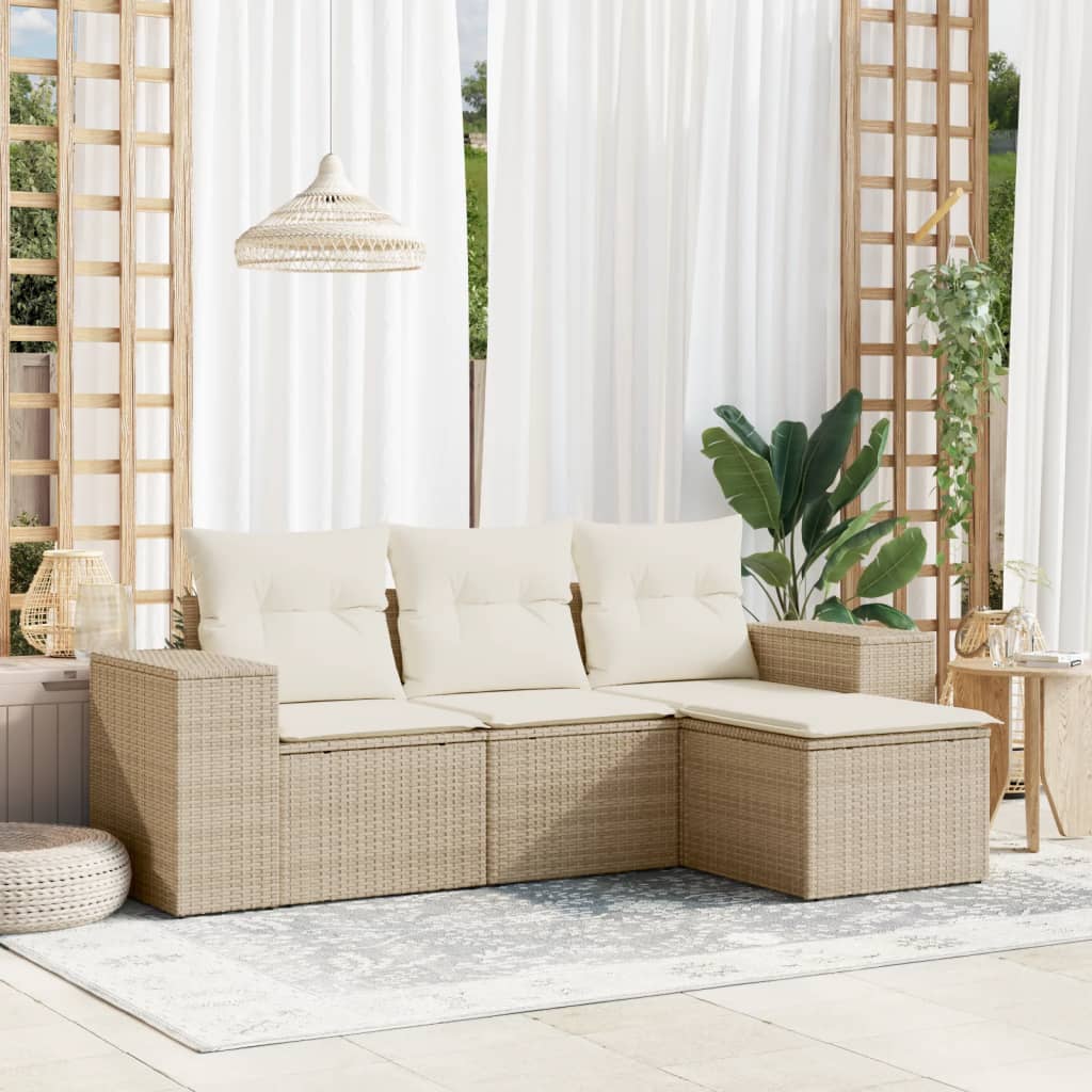foto del prodotto set divano da giardino 4 pz con cuscini beige in polyrattan
