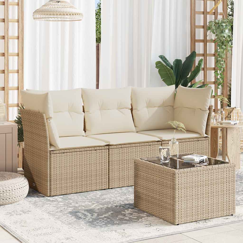 foto del prodotto set divano da giardino 4 pz con cuscini beige in polyrattan